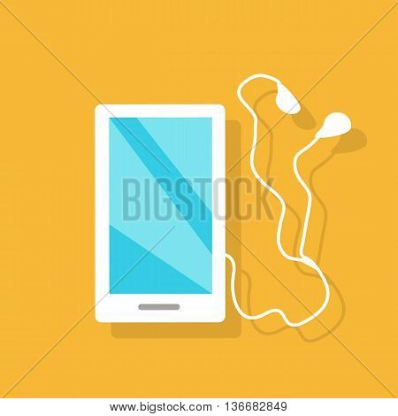 White smartphone with headphones, earpieces, earphones, ear flaps. Mobile multimedia blue user interface on phone screen. Flat design style vector illustration