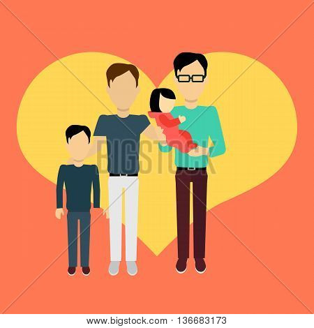 Happy family homosexual concept banner design flat style. Young family gay man with a son and baby daughter. Mother and father with child happiness lifestyle, vector illustration