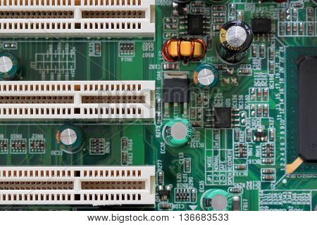Socket electronics components on PC computer mainboard and have concept about technology.