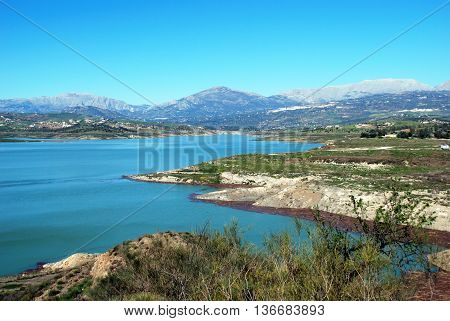 View of Lake Vinuela with mountains to the rear La Vinuela Costa del Sol Malaga Province Andalusia Spain Western Europe.