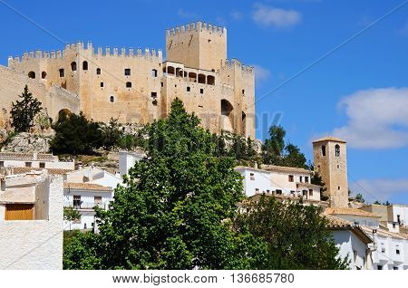 View of the castle (castillo de los Fajardo) and townhouses Velez Blanco Almeria Province Andalucia Spain Western Europe.