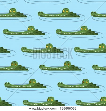 Crocodile In Water Seamless Pattern. Large Alligator In Swamp Ornament. Cute Caimans Head In Pond Ba