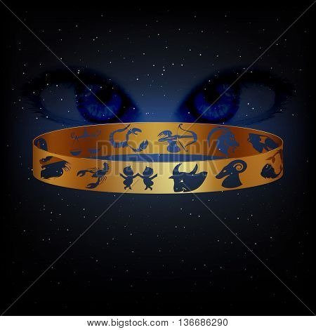 Vector ring with signs of the zodiac in space against the background of the eyes watching. Eyes are drawn initially brushes and elements without automatic routing. You can use any text or picture it on a black background.