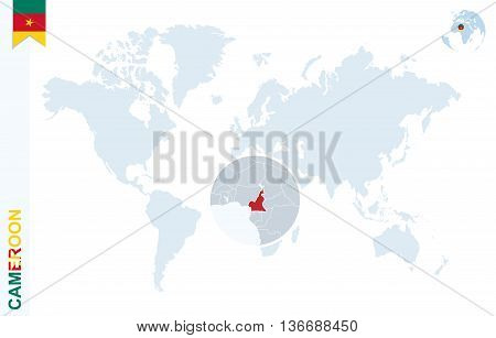 Blue World Map With Magnifying On Cameroon.