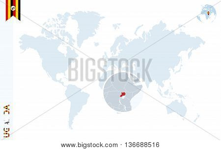 Blue World Map With Magnifying On Uganda.