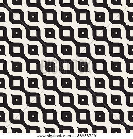 Vector Seamless Black And White Diagonal Wavy Lines Geometric Pattern
