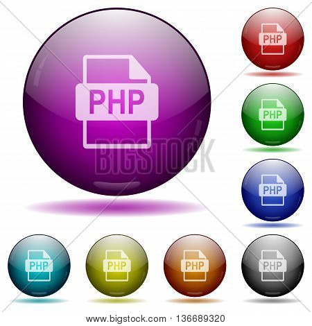 Set of color PHP file format glass sphere buttons with shadows.