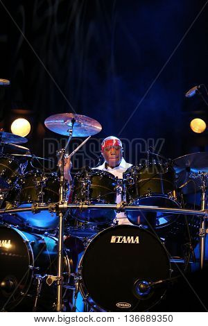 CRACOW POLAND - MARCH 16 2016: Famous American drummer Billy Cobham live on stage in ICE Cracow Poland