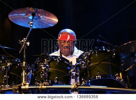 CRACOW POLAND - MARCH 16 2016: Famous American drummer Billy Cobham live on stage in ICE Cracow Poland
