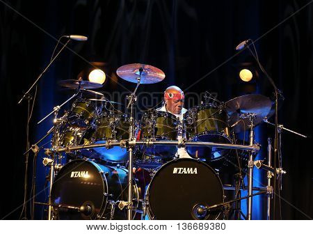 CRACOW POLAND - MARCH 16 2016: Famous American drummer Billy Cobham live on stage in ICE Cracow Poland