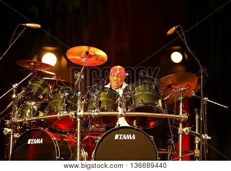 CRACOW POLAND - MARCH 16 2016: Famous American drummer Billy Cobham live on stage in ICE Cracow Poland