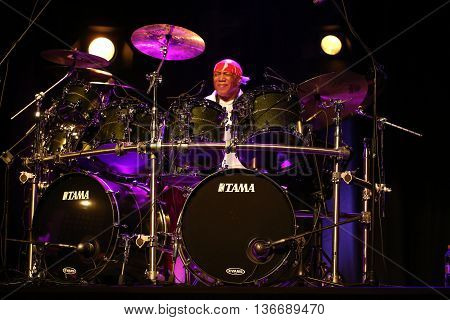 CRACOW POLAND - MARCH 16 2016: Famous American drummer Billy Cobham live on stage in ICE Cracow Poland
