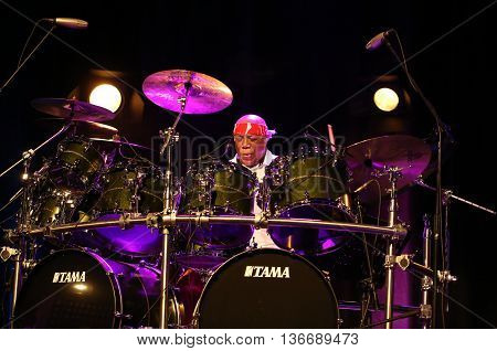 CRACOW POLAND - MARCH 16 2016: Famous American drummer Billy Cobham live on stage in ICE Cracow Poland