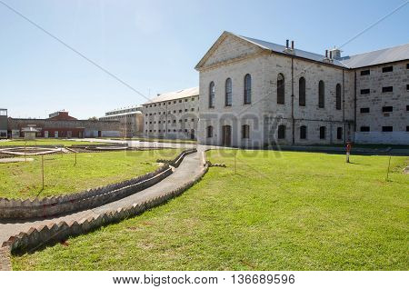 FREMANTLE,WA,AUSTRALIA-JUNE 1,2016:  Old limestone Fremantle Prison under a clear blue sky in Fremantle, Western Australia.