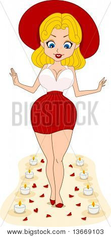 Illustrazione di una Pinup Girl camminando su un corridoio pieno di candele e petali