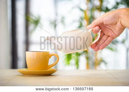 Side view of a male pouring tea
