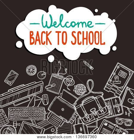 School And Eucation Background With Hand Drawn School Accessories On Blackboard