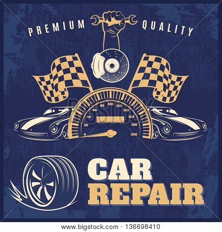 Car repair blue retro poster or flyer with headlines premium quality and car repair vector illustration