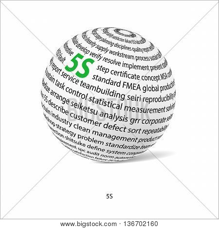Five S word ball. White ball with main title 5S and filled by other words related with 5S method. Vector illustration