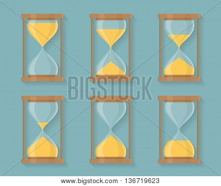 Transparent sandglass icons set, time hourglass, sandclock, flat design, vector eps10 illustration