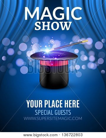 Magic Show poster design template. Magic show flyer design with magic hat and curtains.