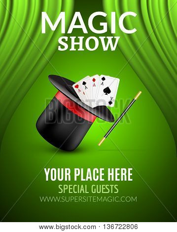 Magic Show poster design template. Magic show flyer design with magic hat and curtains.