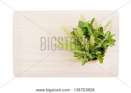 Top View Part Of Holy Basil Pile On Cutting Board