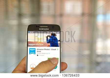 MONTREAL CANADA - JUNE 24 2016 : Amazon Cloud Drive application on Samsung S7 screen. Amazon Cloud Drive is a web storage application from Amazon.