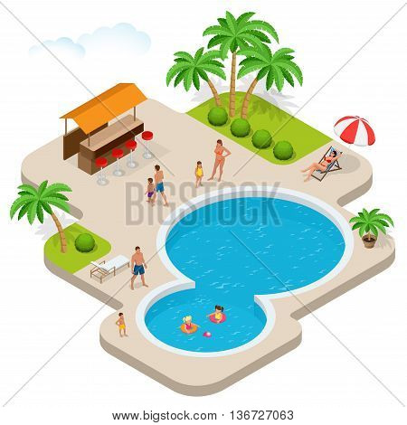 Summer fun at aqua park. Child with parents on water slide at aquapark. Summer holiday. Flat 3d vector isometric illustration