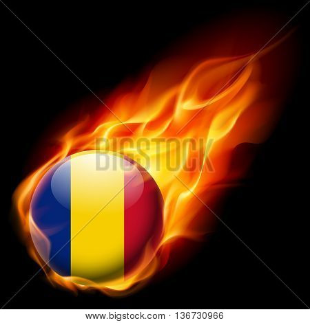 Flag of Romania as round glossy icon burning in flame