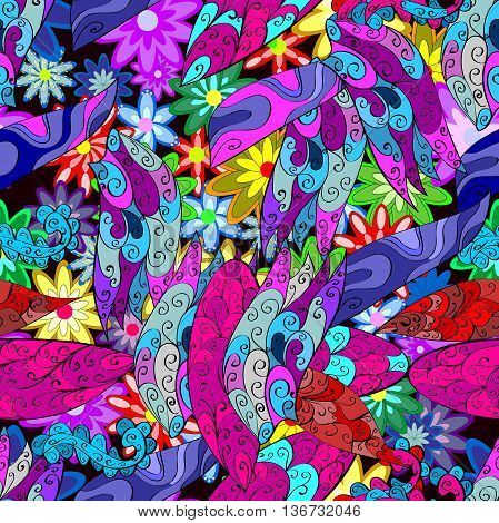 Seamless texture with abstract flowers. Endless background. Ethnic seamless pattern. Bright pattern. Summer template. Use for wallpaperpattern fills web page background