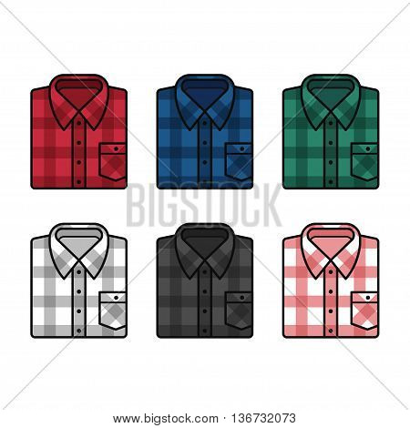 Plaid pattern flannel shirts set mens fashion illustration. Vector line icons of folded shirts in different colors.
