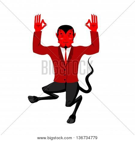 Devil Does Yoga. Red Demon In Lotus Position. Happy Satan. Mefistofil Prince Of Darkness And The Und