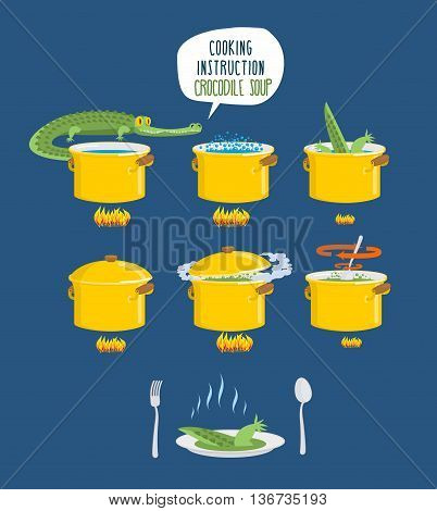 Crocodile Soup On Cooking Instruction. Step-by-step Cooking Delicacy. Bouillon Alligator. Infographi
