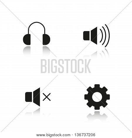 Audio player interface drop shadow black icons set. Mute on and off buttons headphones and settings symbols. Music player menu isolated vector illustrations