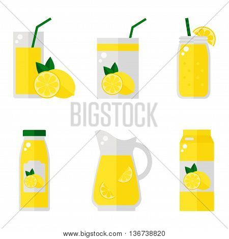 Lemon juice isolated icons on white background. Lemon juice bottle, glass, pack set. Flat style vector illustration.