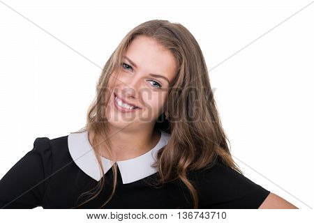 portrait of attractive caucasian smiling woman isolated on white with copyspace studio shot