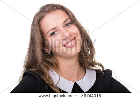 portrait of attractive caucasian smiling woman isolated on white with copyspace studio shot
