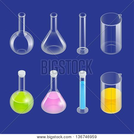 Chemical test tube pictogram icons set. Erlenmeyer flask, distilling flask, volumetric flask, test tube. Chemical lab equipment isolated. Experiment flasks for science experiment. Isometric 3d vector.