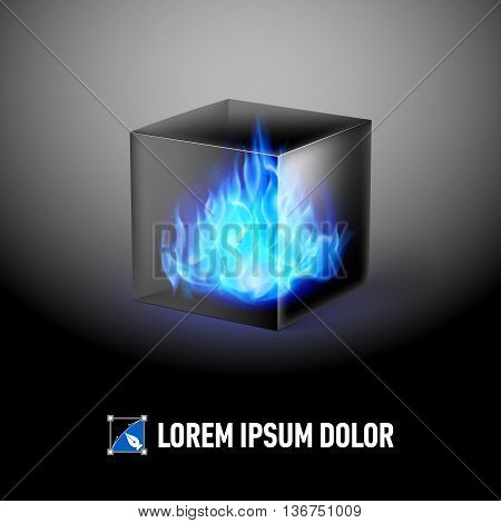 Logo Template with Black cube and blue fire flames inside