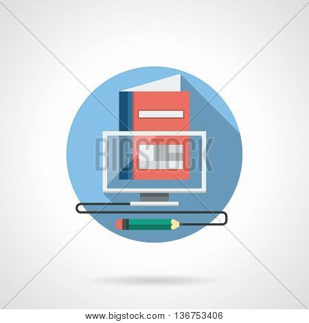 Concept illustration with transparent computer monitor, red book and pencil with wire. Distance education, virtual school and lessons, accessible training online. Round detailed flat color vector icon