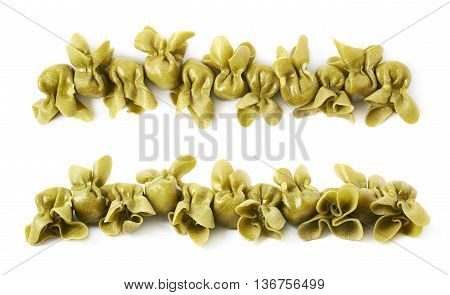 Line of sacchettoni stuffed sacchetti pasta isolated over the white background, set of two different foreshortenings