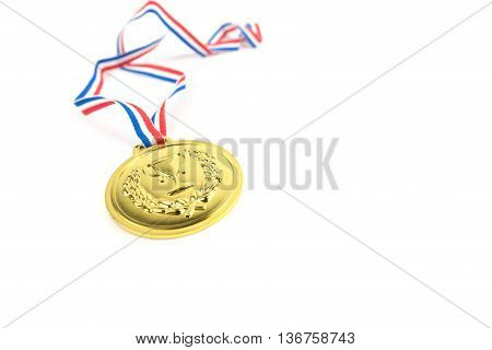 Gold medal with trophy symbol on white background. Success concept.