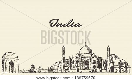 India skyline vector engraved illustration hand drawn sketch