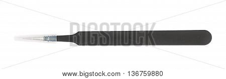 Black metal anti-static tweezers tool with the protection cap, composition isolated over the white background