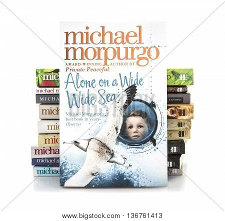 SWINDON UK - JULY 11 2016: Alone on a Wide Wide Sea by Michael Morpurgo on a white background