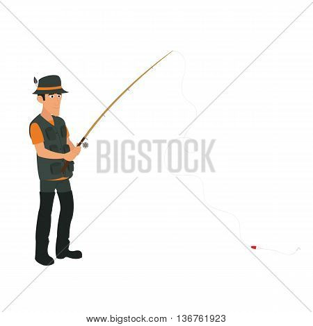 isolated fisherman with a fishing rod in wading boots on a white background.