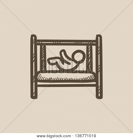 Baby laying in crib vector sketch icon isolated on background. Hand drawn Baby laying in crib icon. Baby laying in crib sketch icon for infographic, website or app.
