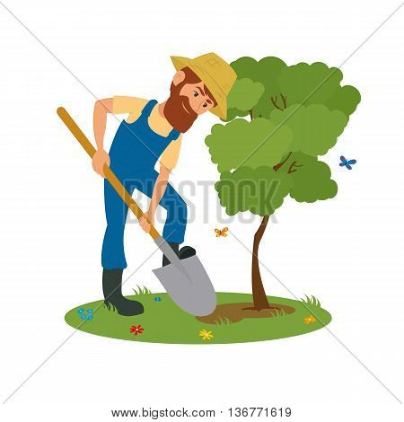 man with shovel planting a tree outdoors. vector