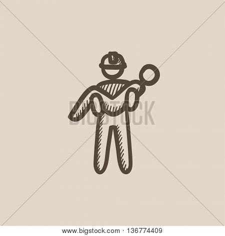 Fireman holding person on hands vector sketch icon isolated on background. Hand drawn Fireman holding person on hands icon. Fireman holding person on hands sketch icon for infographic, website or app.